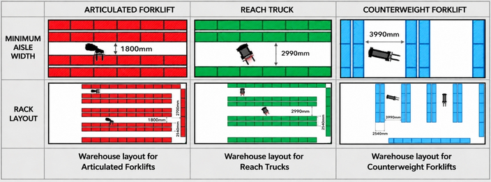 Warehouse aisle comparison for articulated forklifts
